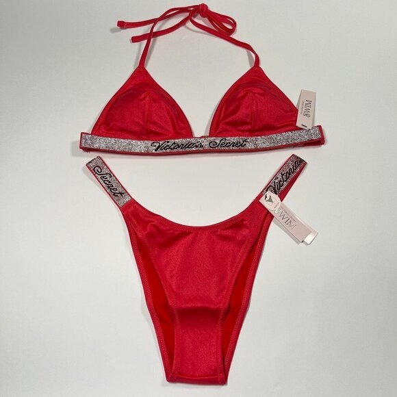 Victoria Secret Small S Shine Strap Triangle Bikini Top Bottom Set LOGO Pink - Picture 1 of 14